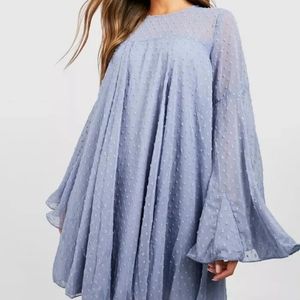 Boohoo Dobby Mesh Pleated Smock Dress in Blue